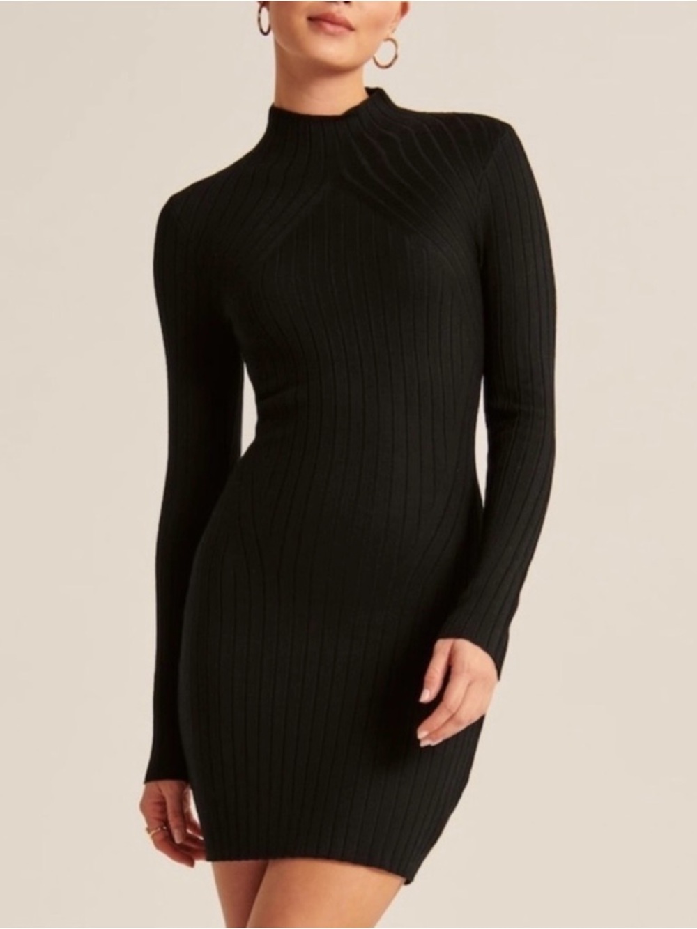 Abercrombie & Fitch Black Ribbed Mock-Neck Bodycon Mini Knit Dress
